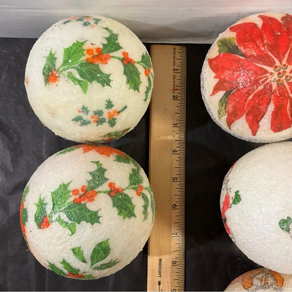 Vintage Lot of 5 Decoupage Christmas Ornaments Poinsettia and Santa